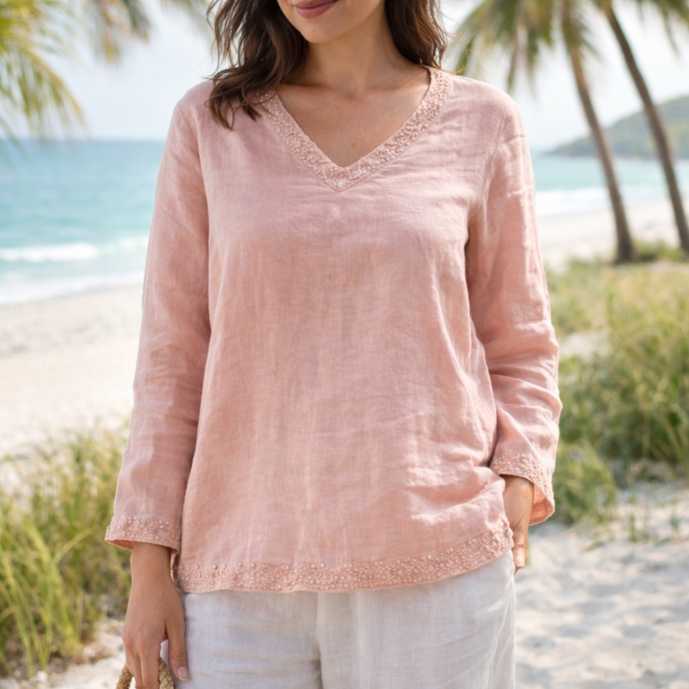 CARLIE’S‎ COURT Petal Pink 100% Linen Beaded V-Neck Blouse Y2K Medium